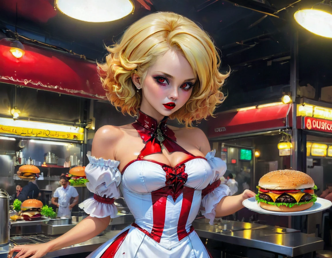 une image de peinture numérique 3D d&#39;extrêmement (belle femme vanpire:1.3) ((servir un gros hamburger cru juteux: 1.3)) sur un plateau, du sang coule dans un restaurant gothique américain, une belle femelle exquise (vampire:1.3), (tout le corps: 1.3) ultra feminine ultra détaillé face, cheveux blonds, Cheveux courts, lèvres rouges, les yeux rouges, yeux brillants, porter une robe en latex séduisante blanche glamour, servir un restaurant gothique fond de cuisine américaine, tout le corps dynamic angle, , primé, Meilleure qualité, Haute qualité, détails élevés, haute résolution, vibrant, Ultra haute résolution, Contraste élevé, (chef-d&#39;œuvre:1.5), la plus haute qualité, Meilleure esthétique, meilleurs détails, Meilleure qualité, haute résolution, ultra grand angle, 16k, [ultra détaillé], chef-d&#39;œuvre, Meilleure qualité, Photoréaliste, Rendu 3D, Film cinématographique hollywoodien, style artistique chumbasket