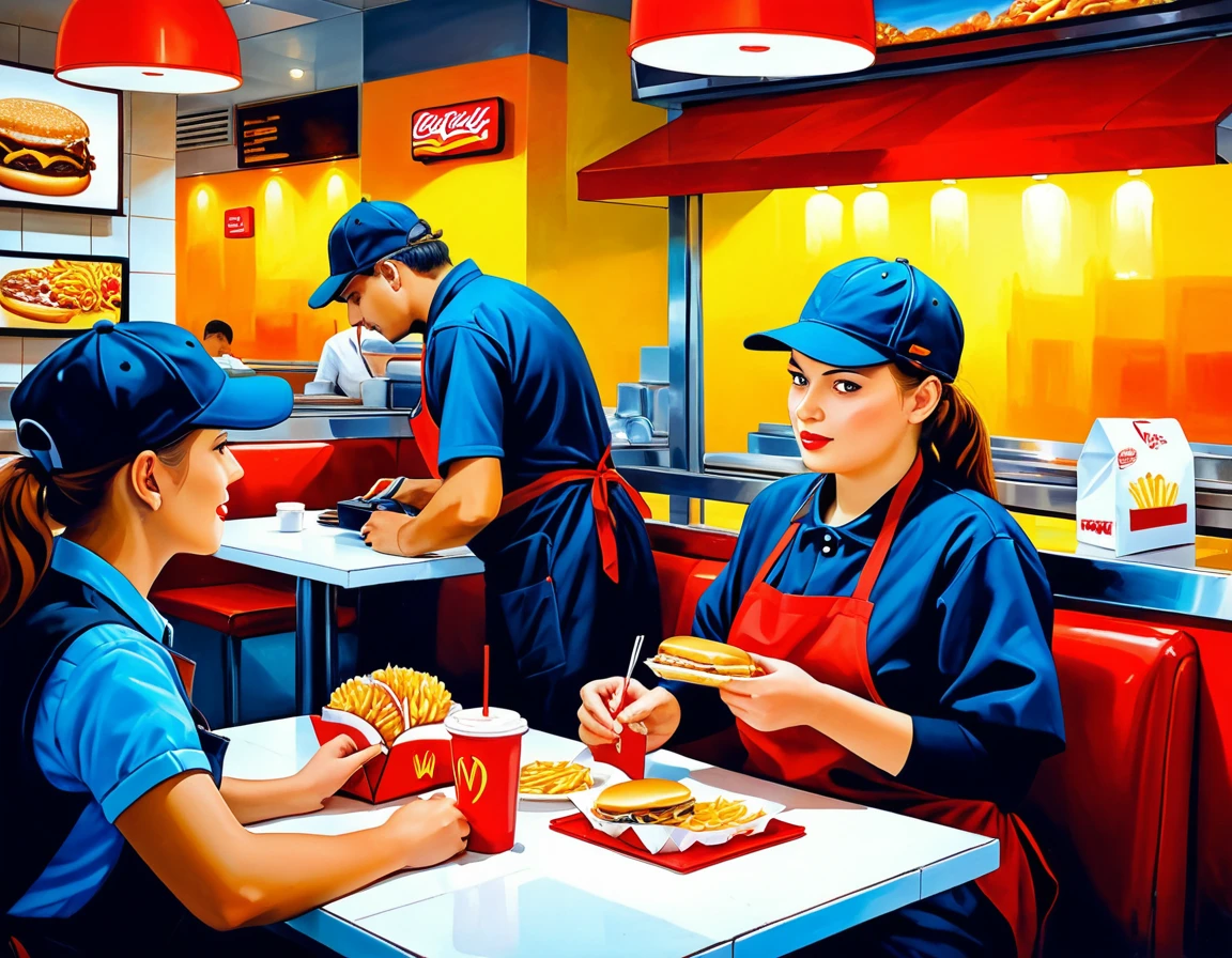 Oil painting on canvas in the style of late classicism, a Fast Food Worker serves an order to a visitor at a table, Fast Food Worker in the outfit of a fast food worker, full compliance, in detail, 32k