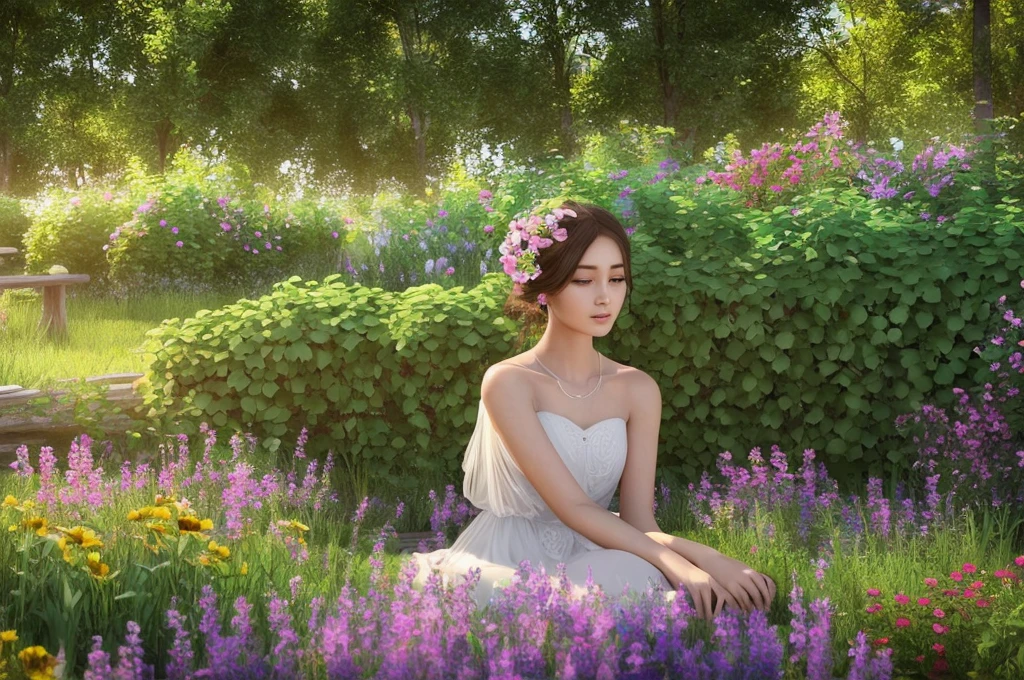 a girl in a garden, beautiful detailed eyes, beautiful detailed lips, extremely detailed eyes and face, long eyelashes, 1girl, detailed flower garden, detailed wooden fence, overgrown vines on fence, sunlight streaming through fence, (best quality,4k,8k,highres,masterpiece:1.2),ultra-detailed,(realistic,photorealistic,photo-realistic:1.37),concept art,vibrant colors,natural lighting,warm tones