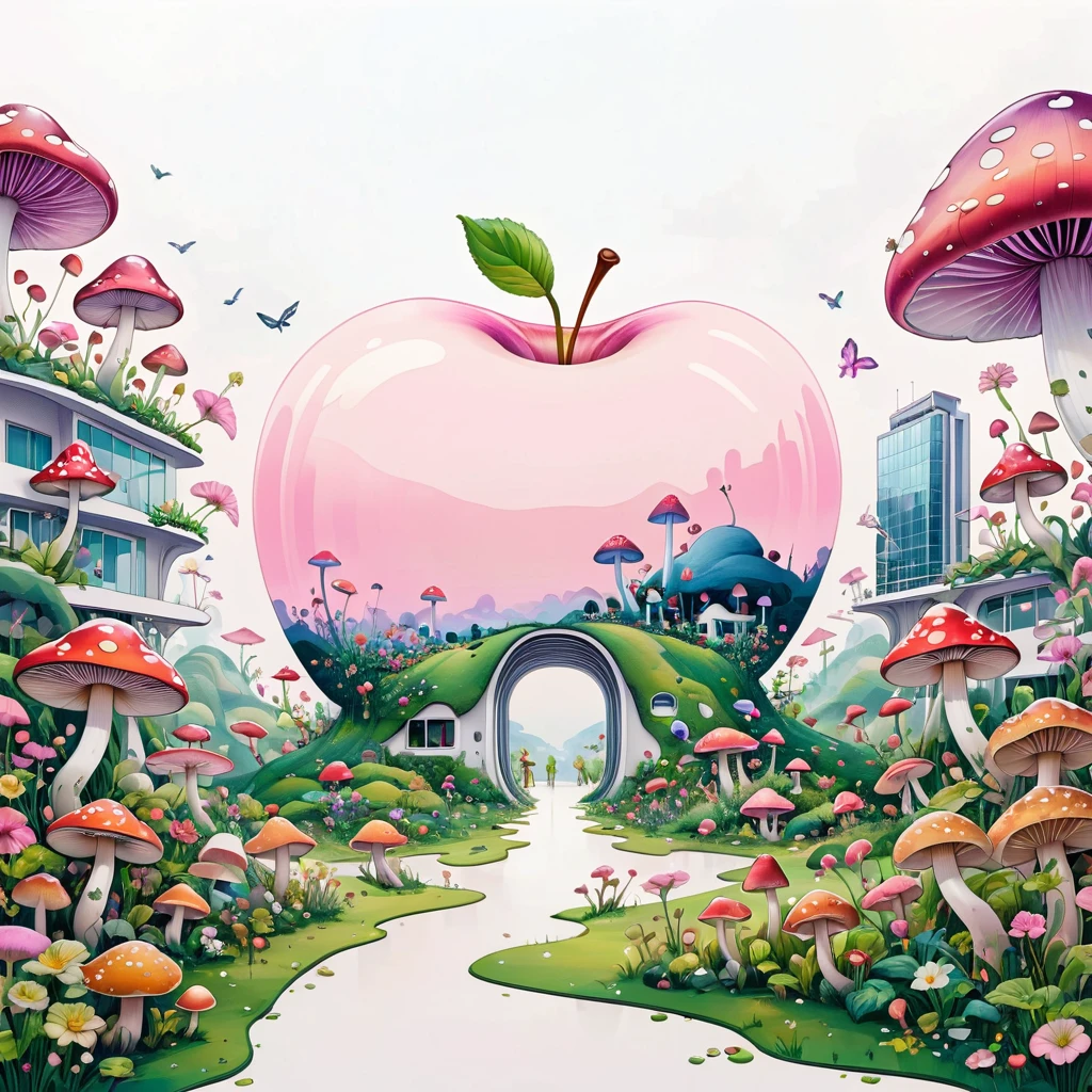 (masterpiece, best quality:1.2), Psychedelic Art：1.5，Creative illustration：1.5，Minimalism：1.5. Apple Building，Landscape in the building，Flowers，Mushrooms，Stitch together interesting pictures，Pale pink theme，White background