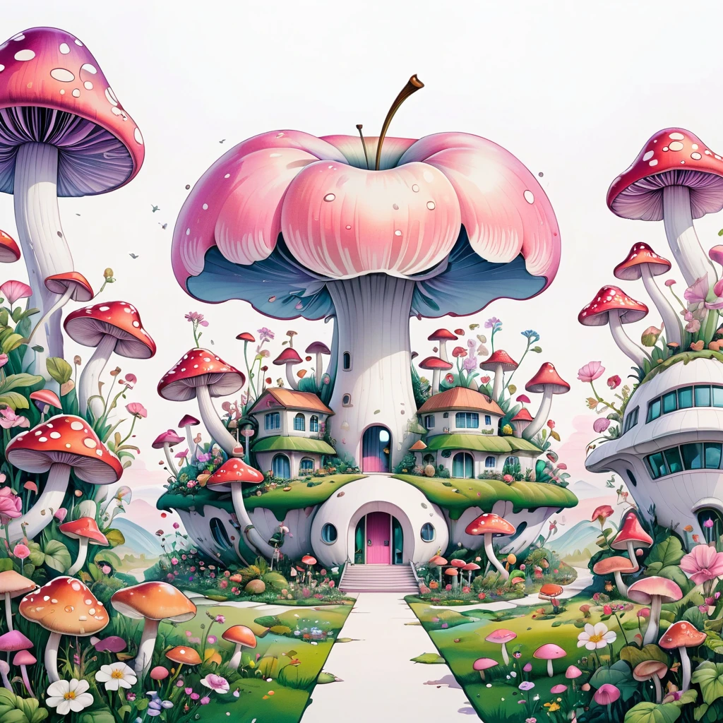 (masterpiece, best quality:1.2), Psychedelic Art：1.5，Creative illustration：1.5，Minimalism：1.5. Apple Building，Landscape in the building，Flowers，Mushrooms，Stitch together interesting pictures，Pale pink theme，White background