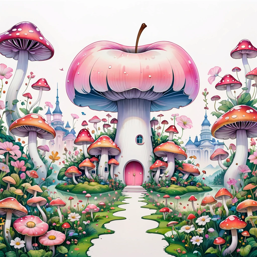 (masterpiece, best quality:1.2), Psychedelic Art：1.5，Creative illustration：1.5，Minimalism：1.5. Apple Building，Landscape in the building，Flowers，Mushrooms，Stitch together interesting pictures，Pale pink theme，White background