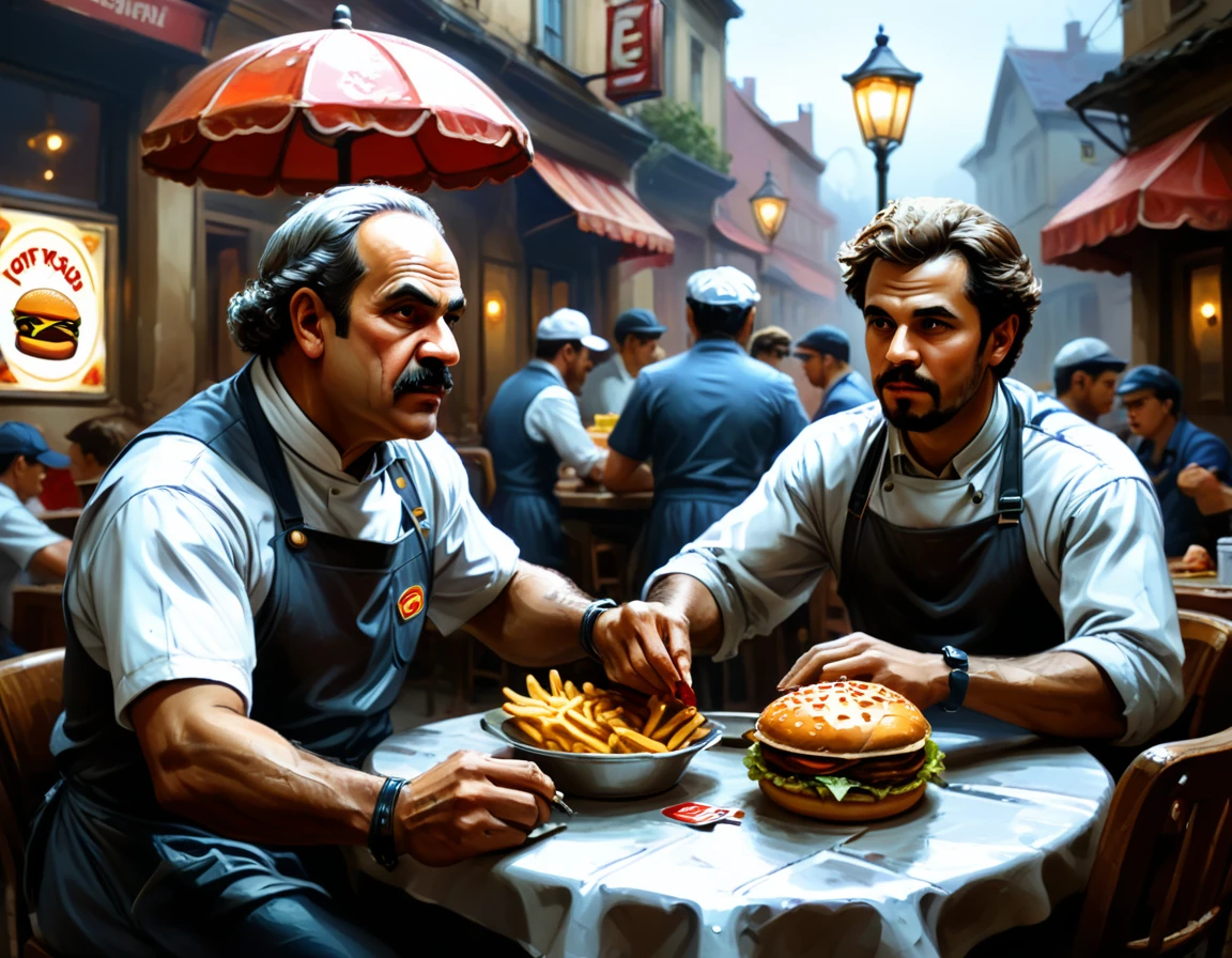 Oil painting on canvas in the style of late classicism, a Fast Food Worker serves an order to a visitor at a table, Fast Food Worker in the outfit of a fast food worker, full compliance, in detail, 32k