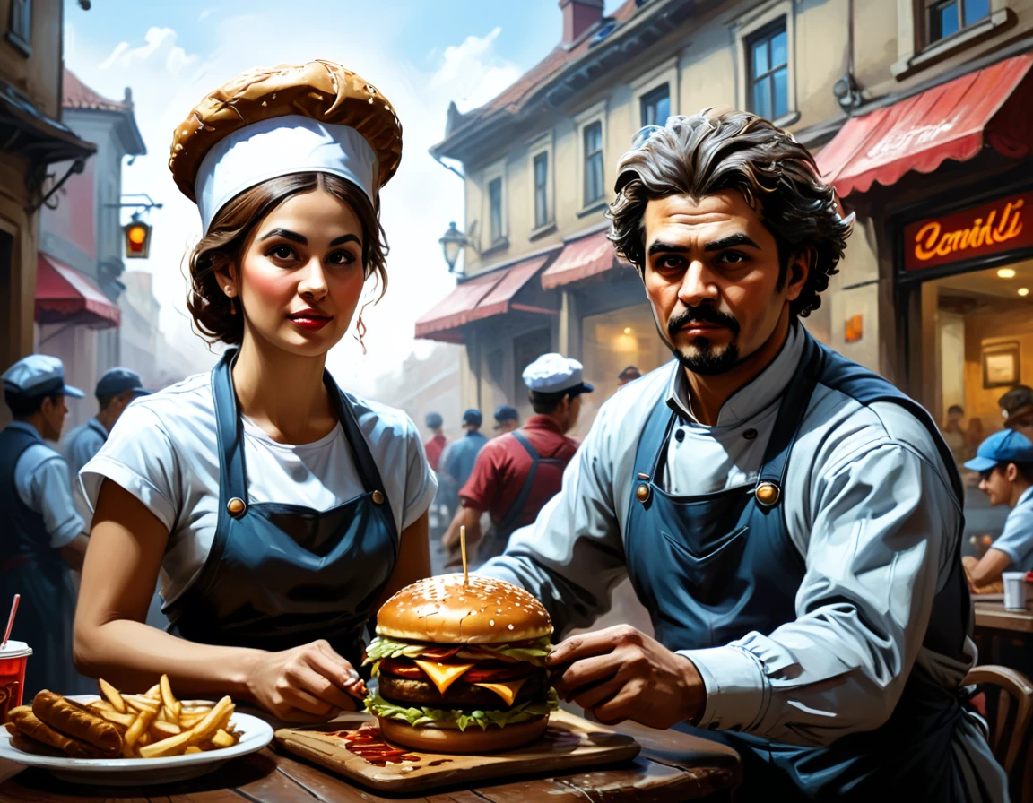 Oil painting on canvas in the style of late classicism, a Fast Food Worker serves an order to a visitor at a table, Fast Food Worker in the outfit of a fast food worker, full compliance, in detail, 32k