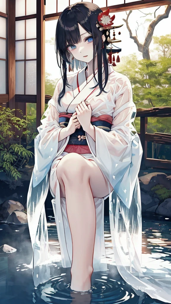 ((Waterfall basin on a moonlit night)),((池の真ん中に立つbeautiful女性)),((beautiful half-naked woman in a beautiful waterfall basin)), ((Sharp and captivating eyes))、((Sexy))、(((See-through kimono:1.3)))、((Kimono made of thin cloth wet with water:1)), Pale skin、(((One Girl:1))), ((Pale skin))、憂鬱なbeautiful顔、beautiful expression、Sexy顔、Swollen nipples, (((Lower Breast)))、(((beautiful breasts ))), beautiful 、Knee-high boots、Super detailed face、Delicate eyes、(double eyelid)、 (((1. Japanese women)))、 Beauty, 20-year-old,((See-through kimono)), (Show off by wearing Japanese revealing clothes),