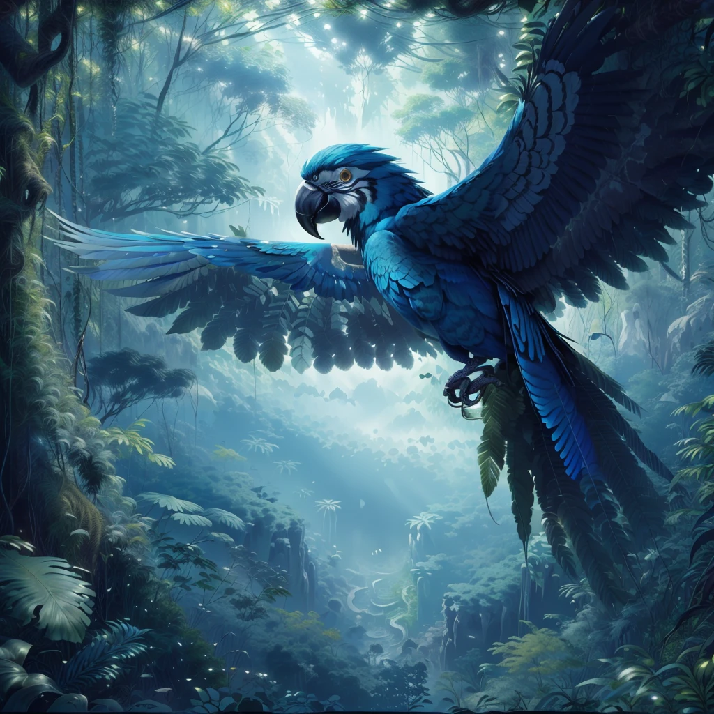 there is a blue bird flying in the air in the forest, blue arara, ethereal macaw, rare bird in the jungle, Birds f CGSOCIETY, mystical birds, highly detailed digital art in 4k, High-quality, detailed artwork in 8K, beautiful digital art, blue phoenix bird, background art, highly realistic concept art, Foto impressionante arte conceitual real, realistic fantasy painting