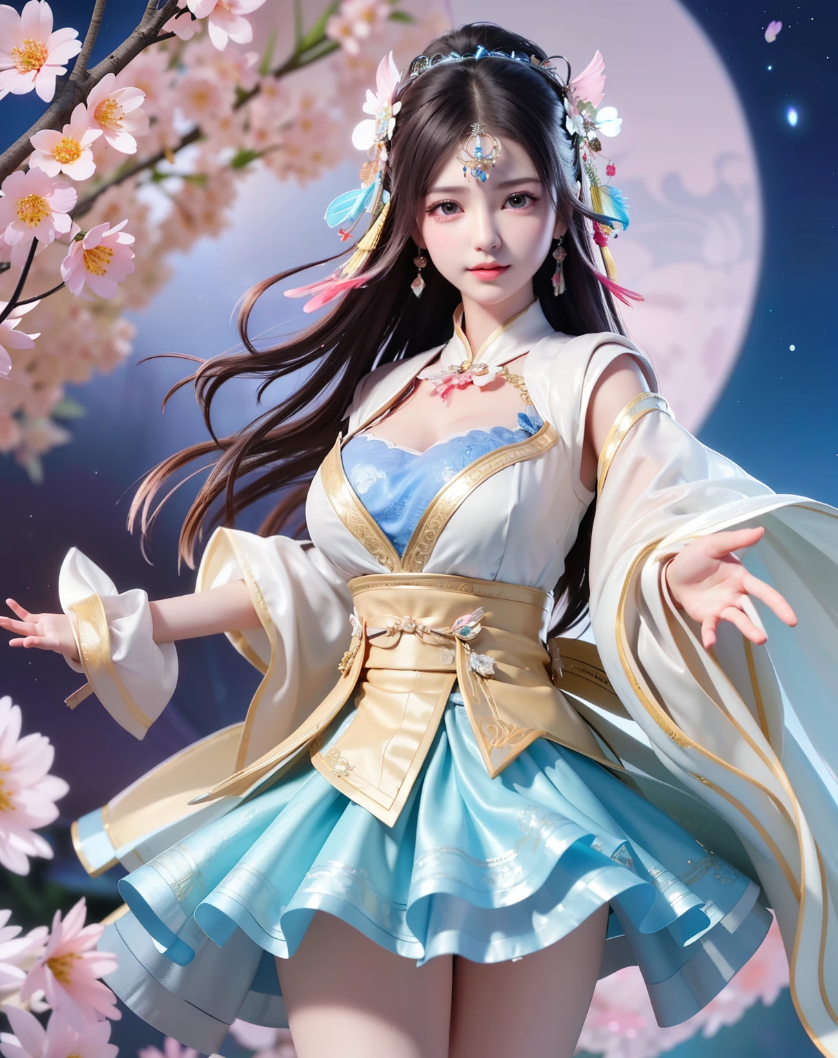 (8k, RAW photo:1.2), best quality, ultra high res,dramatic angle,(fluttered detailed color splashs), (illustration),(((1 girl))),(long hair),(rain:0.9), (Headdress:1.4),There is an ancient palace beside the girl,Hanfu,(Key Points),Color ink painting,(Splash of Color),Splash of Color,(((colorful))),(sketch:0.8) , Masterpiece, best quality, beautiful painted, highly detailed,(denoising:0.6),[splash ink],((ink refraction)), (beautiful detailed sky),moon,highly,detaild,(masterpiece, best quality, extremely detailed） CG Unity 8k Wallpaper，masterpiece，best quality，Ultra Detailed），（Lycoris）.shoulder ballet dress open V-chested clothes Thin silk lace dress short skirt , (huge ，cleavage),, white pink, blue ，best qualtiy，tmasterpiece，Ultra-high resolution，（Reality：1.4），RAW photogr，（True skin texture：1.3），（filmgrain：1.3），（Selfie angle），1个Giant Breast Girl，Beautiful eye and face details，tmasterpiece，Best quality at best，，The chest more exposed， detailed hair, bra pink , detail 8k, full body, lace petticoat