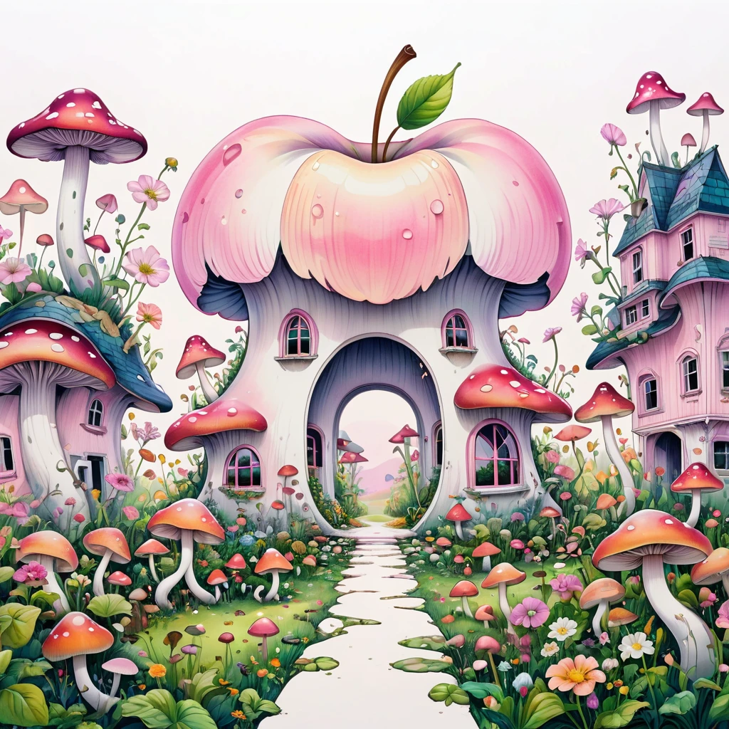 (masterpiece, best quality:1.2), Psychedelic Art：1.5，Creative illustration：1.5，Minimalism：1.5. Apple Peel Building，Landscape in the building，Flowers，Mushrooms，Stitch together interesting pictures，Pale pink theme，White background