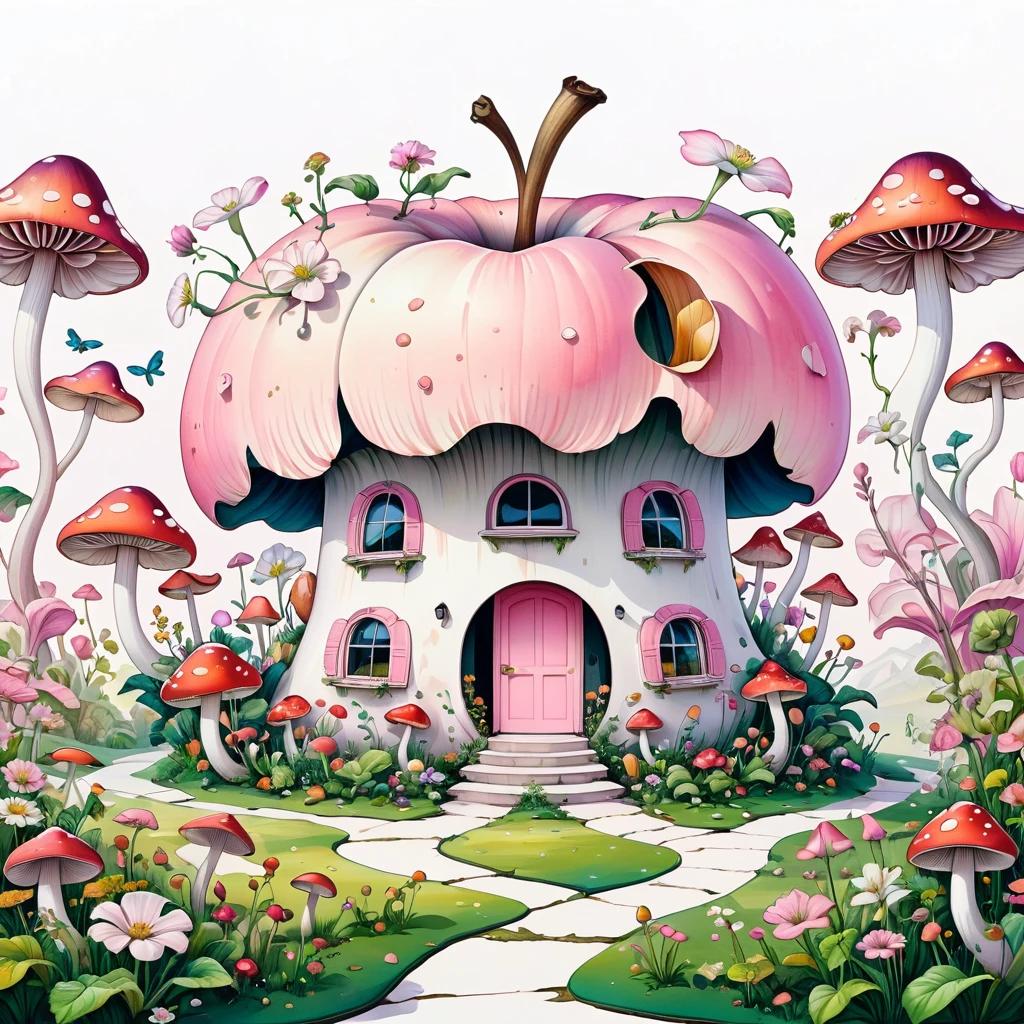 (masterpiece, best quality:1.2), Psychedelic Art：1.5，Creative illustration：1.5，Minimalism：1.5. Apple Peel Building，Landscape in the building，Flowers，Mushrooms，Stitch together interesting pictures，Pale pink theme，White background