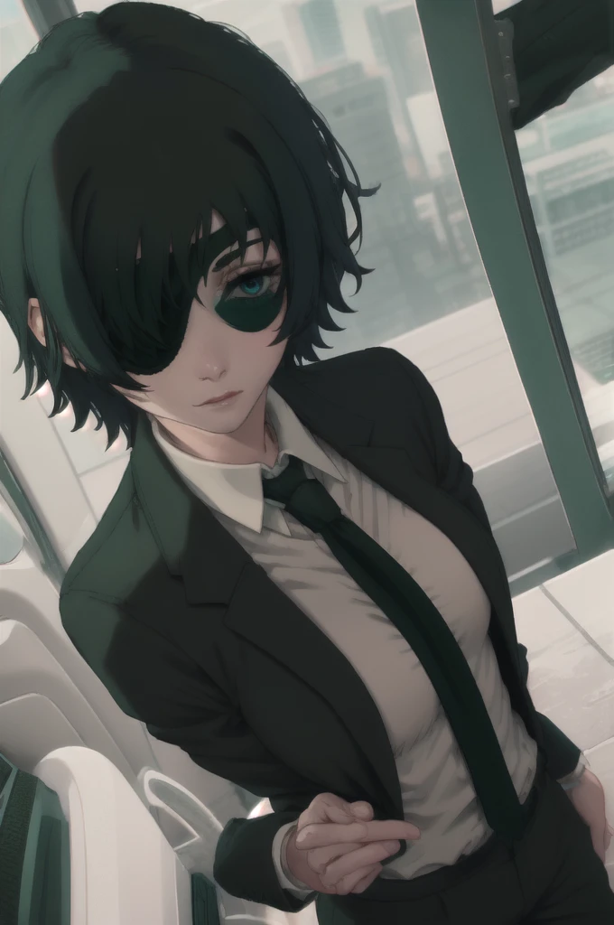 1girl, two heads, eyepatch, black hair, short hair, himeno-lora, blue eyes, green hair, gradient eyes, dark hair, dark green hair, blue-green eyes, himeno (chainsaw man), black necktie, necktie, solo, shirt, suit, formal, collared shirt, white shirt, black jacket, jacket