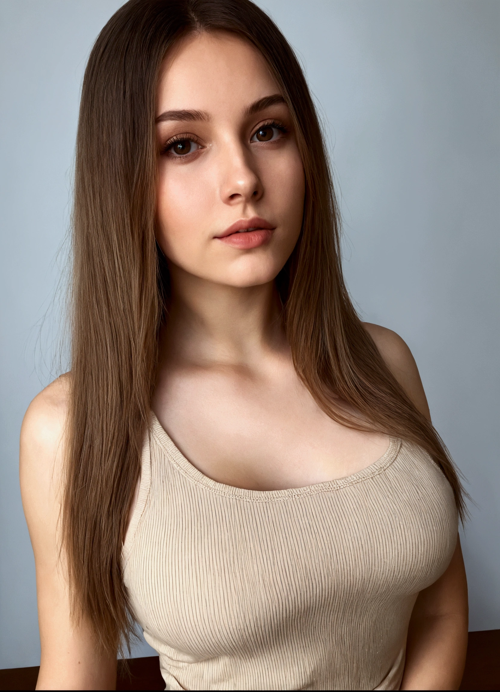 wiry woman with long hair wearing a beige tank top, brunette with dyed blonde hair, Anna Nikonova aka Newmilky, 2 4 year old female model, 18 years old,  19 years old, instagram model, violet myers, straight hairstyle, nodded, beautiful model girl, attractive girl, Beautiful woman,  with brown hair