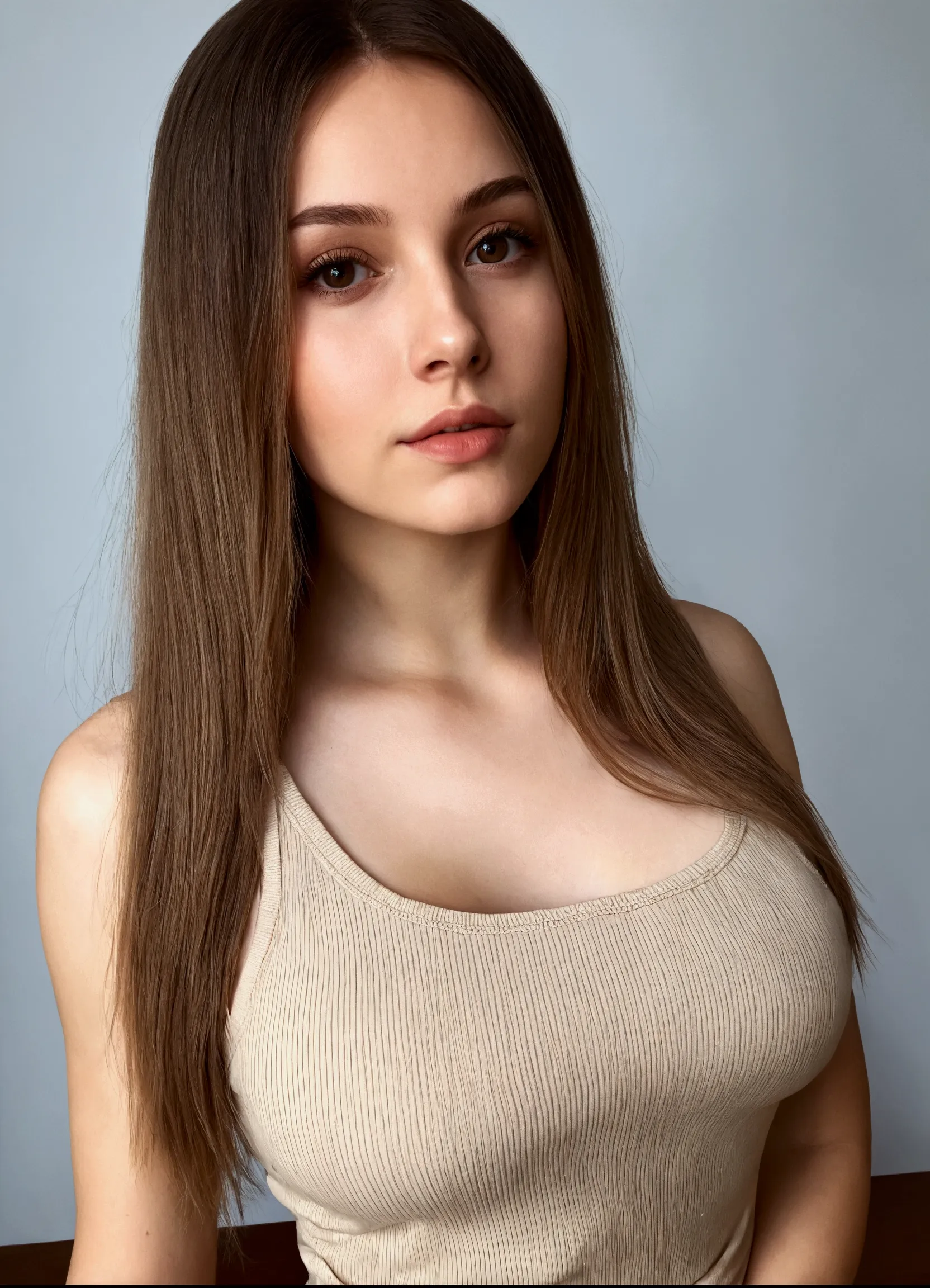wiry woman with long hair wearing a beige tank top, brunette with dyed blonde hair, Anna Nikonova aka Newmilky, 2 4 year old fem...
