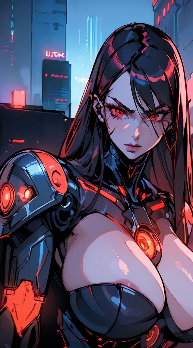 (best quality,ultra-detailed,realistic:1.37),woman cyborg,red eyes,evil,anime,huge ,sleek metallic body,expressionless face,glowing circuits,enormous energy blade,mechanical limbs,dystopian city backdrop,neon lights reflection,dark and ominous atmosphere