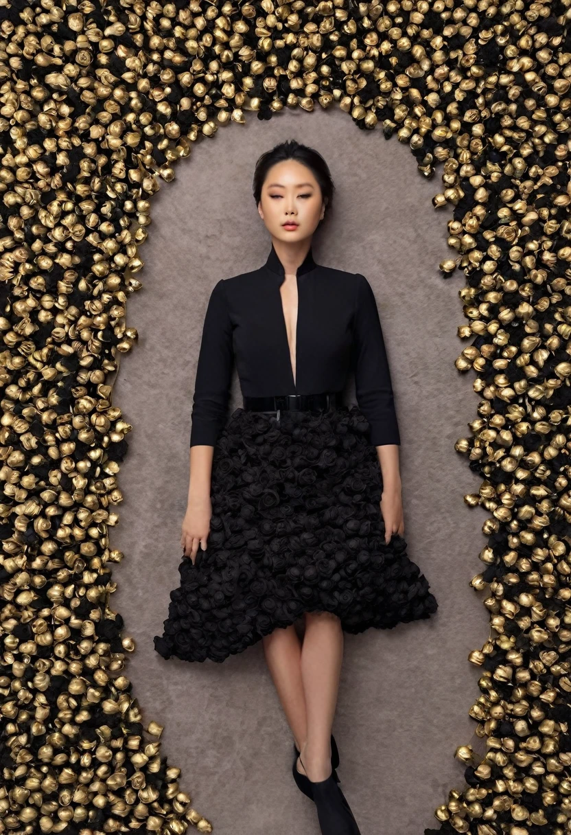 Overhead shot, top to down view, flat lay, Korean woman, lying flat on the floor while holding a black bag in one hand. Floor is covered in thousands of black roses. The woman is wearing all black: a black dress with black belt and black shoes. looking at camera. fashion lighting. full body in image. 8k, high res. Victorian room. a top-down view, golden ratio