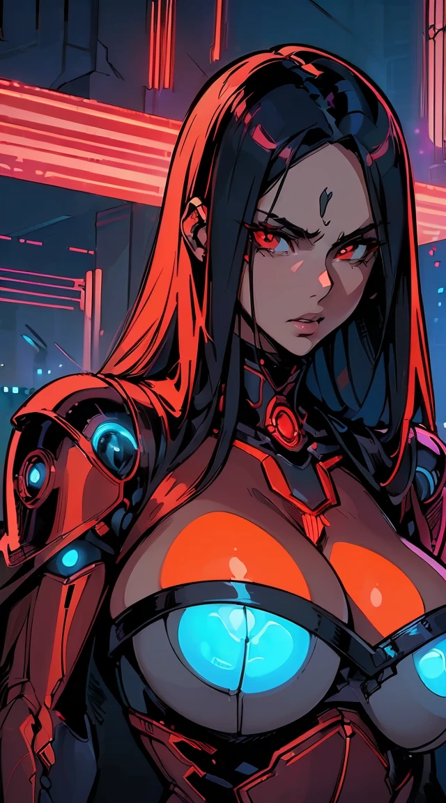 (best quality,ultra-detailed,realistic:1.37),woman cyborg,red eyes,evil,anime,huge ,sleek metallic body,expressionless face,glowing circuits,enormous energy blade,mechanical limbs,dystopian city backdrop,neon lights reflection,dark and ominous atmosphere, (Mexican poncho:1.2)