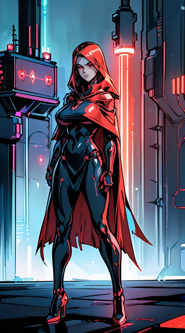 Full body image, (best quality,ultra-detailed,realistic:1.37),woman cyborg,red eyes,evil,anime,huge ,sleek metallic body,expressionless face,glowing circuits,enormous energy blade,mechanical limbs,dystopian city backdrop,neon lights reflection,dark and ominous atmosphere, (Mexican poncho:1.2)