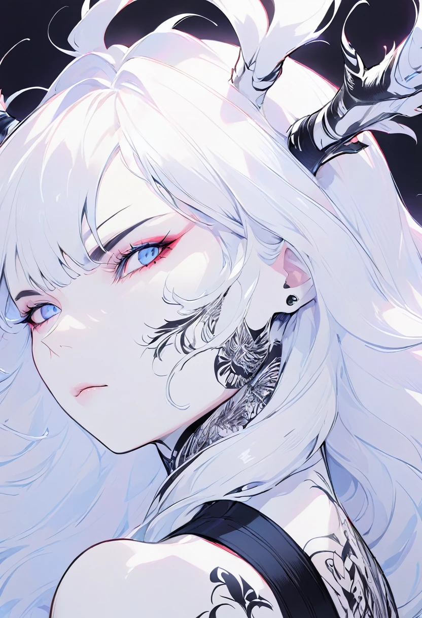 Hand drawn illustrations，Clean background，A woman，White long hair，Tattoo，Strong contrast