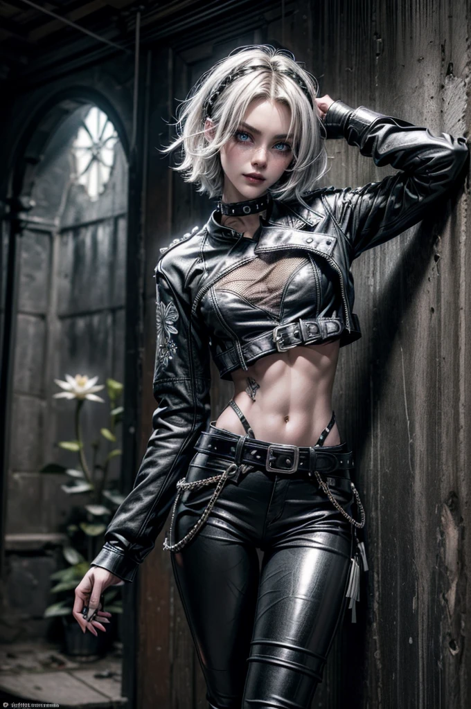 (Detailed illustrations, Very detailed and detailed drawing, Delicate lines with slow and rapid, Realistic texture expression), One woman with very short black hair , ( emo hairstyle, ), goth, pale white skin, evil smirk, (girls bedroom background), dark lighting, cold atmosphere, lore_Emma , blue eyes , dark eyeliner, (ultra dark glossy black lipstick), bored expression, gorgeous face , super cute, 18 years old , hyper detailed face, (super skinny figure , small breast, thin waist), back leaning against wall, one raised arm behind head, slim legs, slim hips, LowriseXL, (ultra low rise wet look shiny leather pants with transparent flower pattern), (mesh shirt with flower pattern), black choker, vulva tattoo, (white lotus flower in hair), ((flower pattern tattoo)), fingerless leather gloves, (black nail polish), faded tattoo's, ((thigh belt)), ((hip chains)), ((belt hanging on hip)), ((many studded belts)), ((black leather jacket with white fur trim))