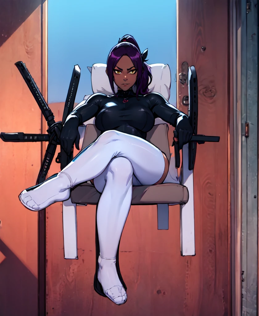 1girl, sofa, sitting, legs crossed, bodysuit, black bodysuit, bare arms, bare shoulders, (large breasts:1.2), yoruichi shihouin, dark skin, dark-skinned female, ponytail, purple hair, yellow eyes, (black leotard:1.4), thighhighs, full body, ((Leg Crossing ))