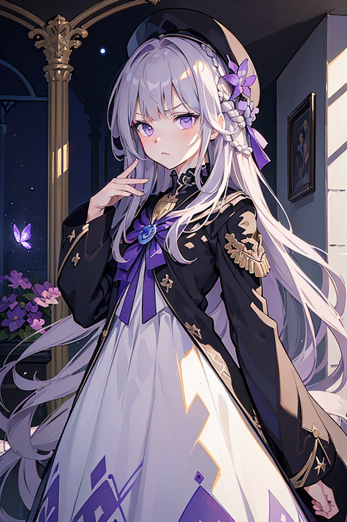 (best quality:1.3), (masterpiece:1.3), (illustration:1.3), (ultra-detailed:1.3), 1girl, solo, very young, flat chest, purple eyes, white hair, long hair, black dress, white coat, black beret, serious expression, angry expression, looking at viewer, purple flower, hair ornament, short, french braid, night sky, glowing purple butterfly, indoors, estate, mansion,