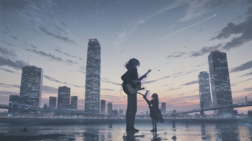 Acoustic guitar,Pitch black night sky,Octane, Star (zero), scenery, Blue parakeet,The acoustic guitar is placed in front of the body.,Star, night, Back view, Outdoor, city,river,Blue parakeet,building, cloud, Heavenly River,silhouette