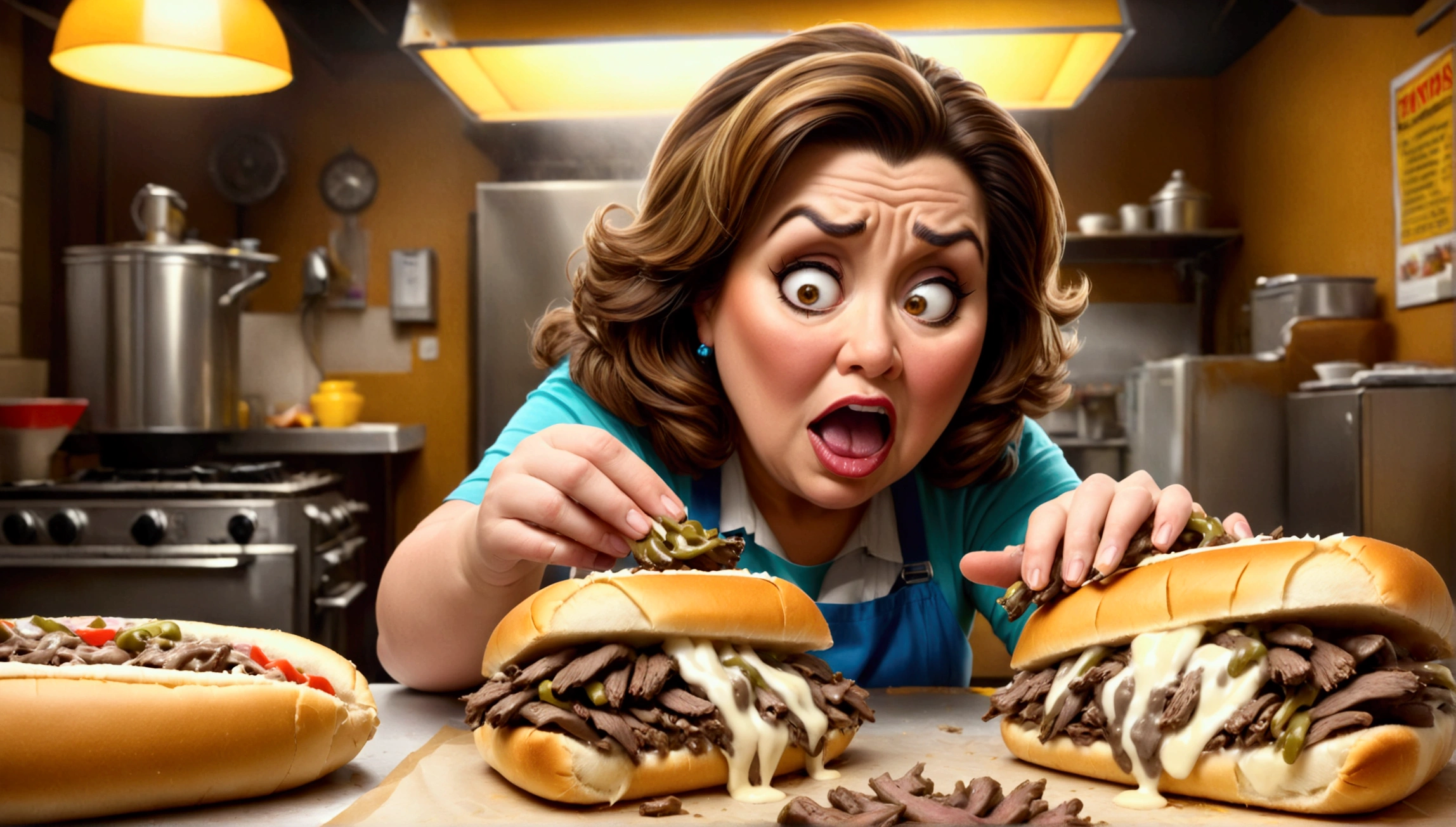 a fat middle aged woman making philly cheesesteaks, extremely detailed face and eyes, hyper detailed hands, cinematic lighting, 8k, photorealistic, realistic, masterpiece, wide shot, best quality, highres, ultra-detailed, (realistic, photorealistic, photo-realistic:1.37), HDR, UHD, studio lighting, ultra-fine painting, sharp focus, physically-based rendering, extreme detail description, professional, vivid colors, bokeh