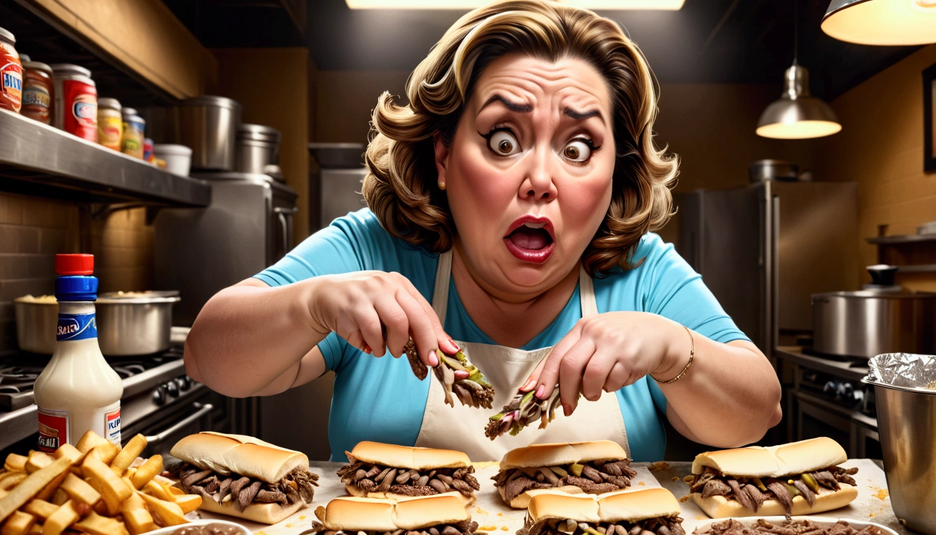 a fat middle aged woman making philly cheesesteaks, extremely detailed face and eyes, hyper detailed hands, cinematic lighting, 8k, photorealistic, realistic, masterpiece, wide shot, best quality, highres, ultra-detailed, (realistic, photorealistic, photo-realistic:1.37), HDR, UHD, studio lighting, ultra-fine painting, sharp focus, physically-based rendering, extreme detail description, professional, vivid colors, bokeh