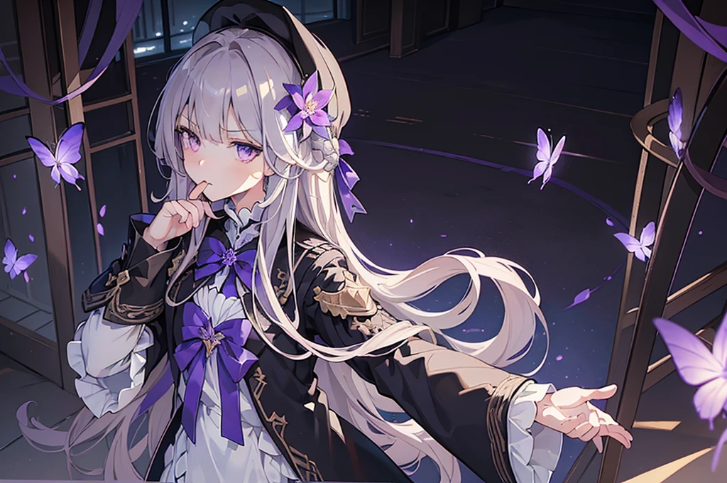 (best quality:1.3), (masterpiece:1.3), (illustration:1.3), (ultra-detailed:1.3), 1girl, solo, very young, flat chest, purple eyes, white hair, long hair, black dress, white coat, black beret, serious expression, angry expression, looking at viewer, purple flower, hair ornament, short, french braid, night sky, glowing purple butterfly, indoors, estate, mansion,