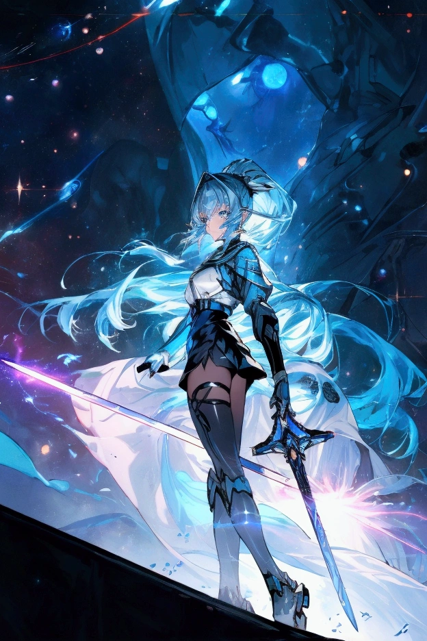 ((science fiction space fantasy)), A badass tall woman, (A female commander), ((a leader of a fleet of intergalactic armies)), White high ponytail with a glowing light blue highlights at the ends, Wielding a sword with deep blue aura, the mystical blade in her hand emitting a bright contrast blue light with a ray of energy, a futuristic intergalactic military uniform, Wearing Black shorts exposing the thighs, with a captain hat, a long simple dark boots. A masterpiece illustration, a light novel cover, best quality, best detail(Light novel illustrations), Arknights style, masterpiece, high quality, detailed.