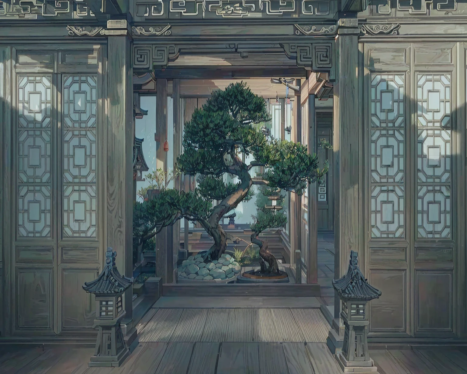 There is a bonsai tree in the middle of the room, Cyberpunk Japanese Temple, Cyberpunk Chinese Ancient Castle, Beautiful rendering of the Tang Dynasty, Zen temple background, Bonsai Tree House, Yu Zhiding, In line with Chinese aesthetics, by Fei Danxu, Inspired by Liu Jun, Inspired by Fei Danxu, Beautiful screenshots, Quiet and peaceful atmosphere, Highly detailed environments