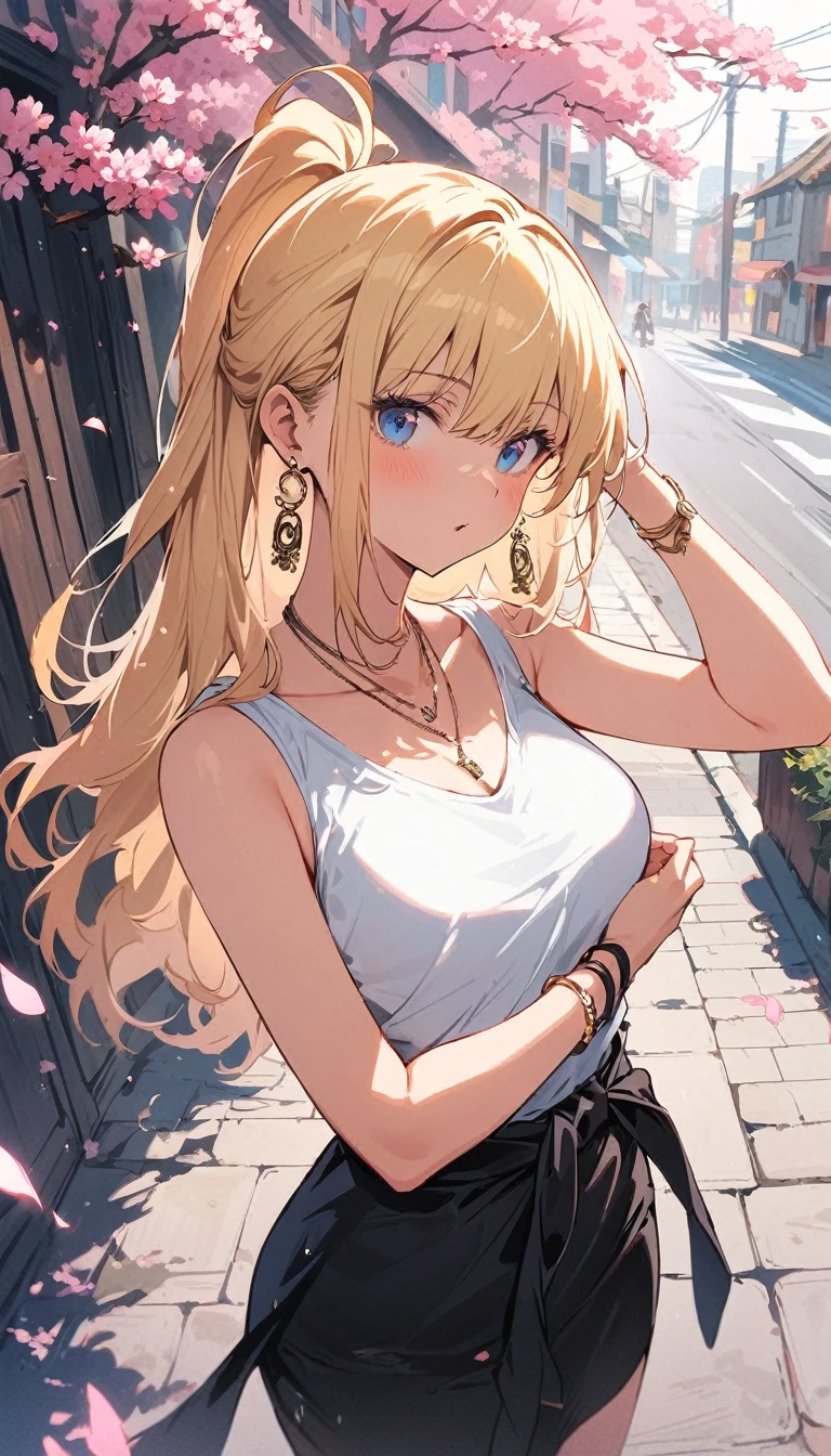 masterpiece, best quality, whole body, A girl, Long blond hair，blue eyes, black necklace, blush, bracelet, Chest, necklace, clothes surrounding area waist, clavicle, Cowboy shooting, ear Earrings, Eyebrows visible through hair, fix, Jewelry, someone, Long blond hair, Viewer, Earrings, Red Eyes, ring, , High-end designer clothing，White top，Black hip skirt，solitary, street, invalid, Cherry blossoms, petal,number, Fashionable, miss, Full of energy, tracing, front, Colorful, Dynamic, background, element, Have confidence, Performance, Keep, statement, Accessories, majestic, curly, surrounding area, Touch, Scenes, cover, bold, attract attention, Touch, modern, trend, concentrated, Fashion,((masterpiece)), best quality, absurdes, Very detailed, holographic, Cowboy shooting, Golden Ratio, Very cute girl, aldult, very beautiful, super beautiful asian girl，Has super beautiful blue eyes, very beautiful white hair, Radiant Skin, High Ponytail, Beautiful sexy body, delicate, Perfect body,