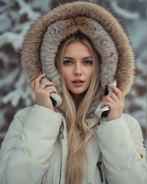 Arafed woman in a fur-lined jacket talking on a cell phone, fur hood, Beautiful nordic woman, action shot girl in parka, karol b...