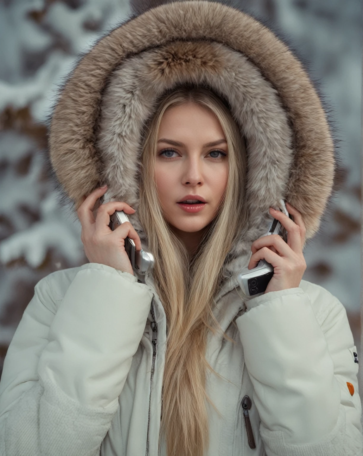 Arafed Frau in einer pelzgefütterten Jacke telefoniert mit dem Handy, Fellkapuze, schöne nordische Frau, Action-Shot Mädchen im Parka, karol behind uhd, Gegenlichtaufnahme Mädchen im Parka, weiße Haut, nordisches mädchenporträt, blonde fur, Anna Nikonova alias Newmilky, blonde furr, trägt einen luxuriösen Pelzmantel