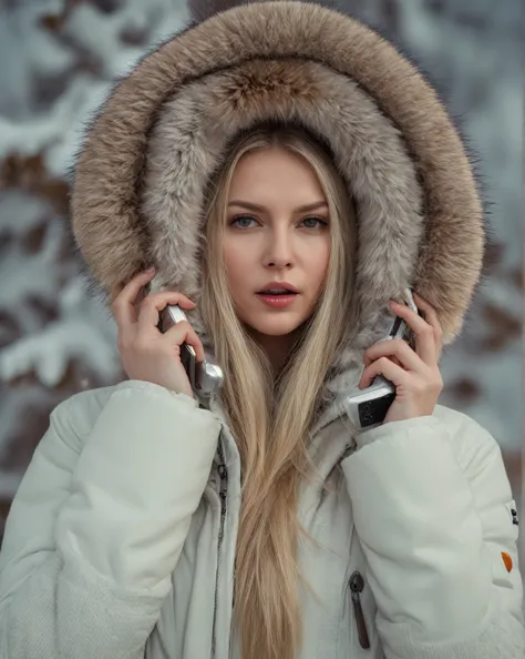 Arafed woman in a fur-lined jacket talking on a cell phone, fur hood, Beautiful nordic woman, action shot girl in parka, karol b...
