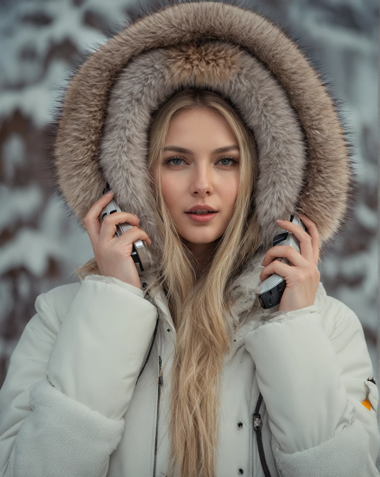 femme Arafed dans une veste doublée de fourrure parlant au téléphone, capuchon de fourrure, belle femme nordique, action shot fille en parka, Karol derrière l&#39;UHD, fille de tir rétroéclairée en parka, peau blanche, portrait de fille nordique, fourrure blonde, Anna Nikonova alias Newmilky, fourrure blonder, porter un manteau de fourrure de luxe