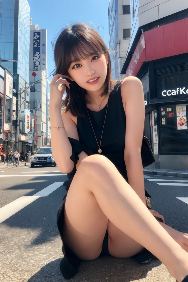 Tokyo cityscape、She tilted her head a little.、Blushing、Smiling and playful expression。I can see the deep blue sky、The atmosphere is bright and lively、The woman is in the center of the image。Cafe、Best Beautiful Legs、Let&#39;s get closer and take a photo、Close your legs