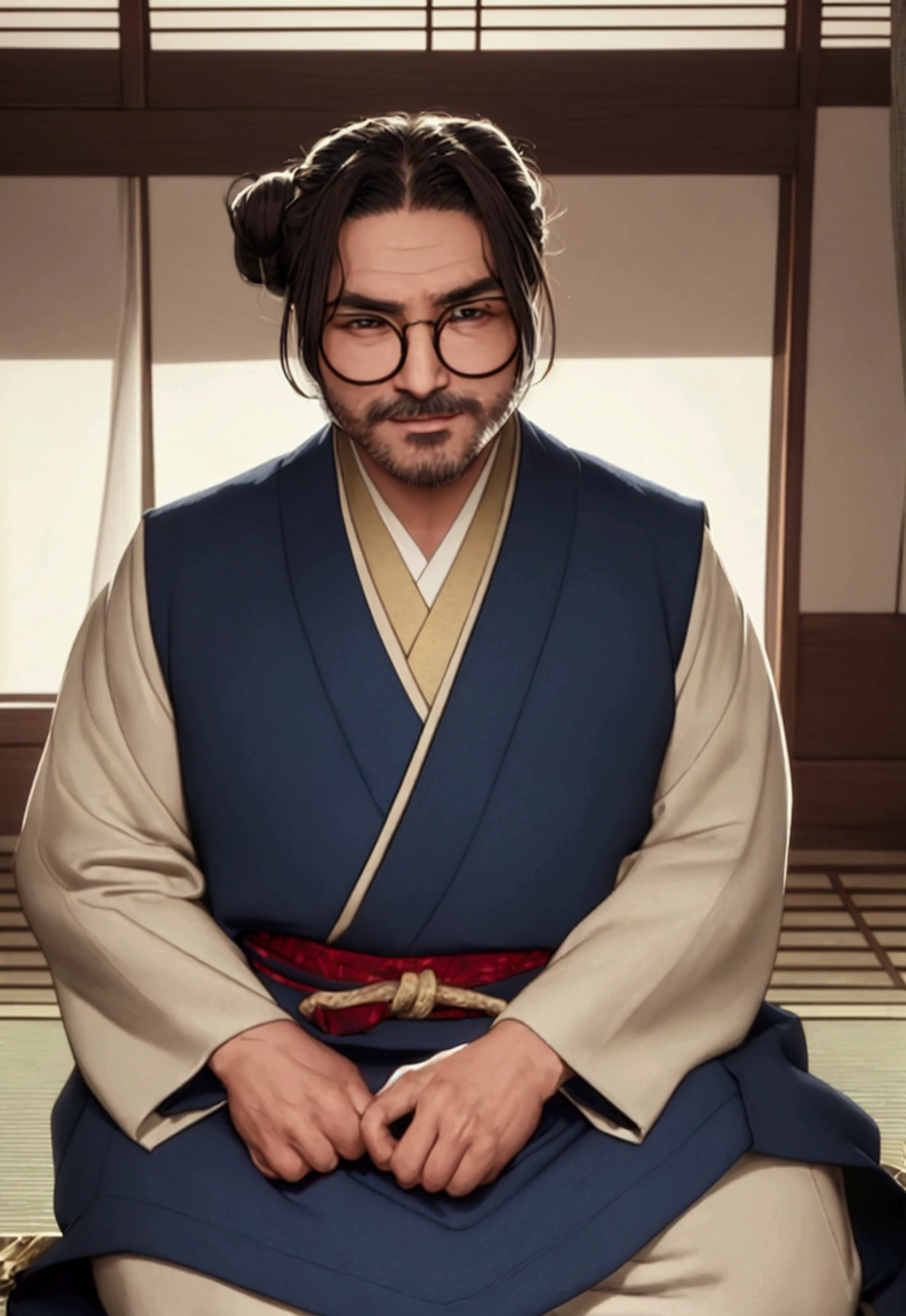 ((best qualityer)), ((work of art)), (detailded) kor: 38 years old Appearance: man hair: gris, long and tied into a traditional bun, with some loose threads. muka: slightly wrinkled, with an arrogant expression. eyeballs: brown, with an obvious scar on the right eye. tenue: Japanese traditional kimono, dark blue with gold details. Accessories: Wear a pair of round glasses. stance: sitting down, haughty, smiling in greed