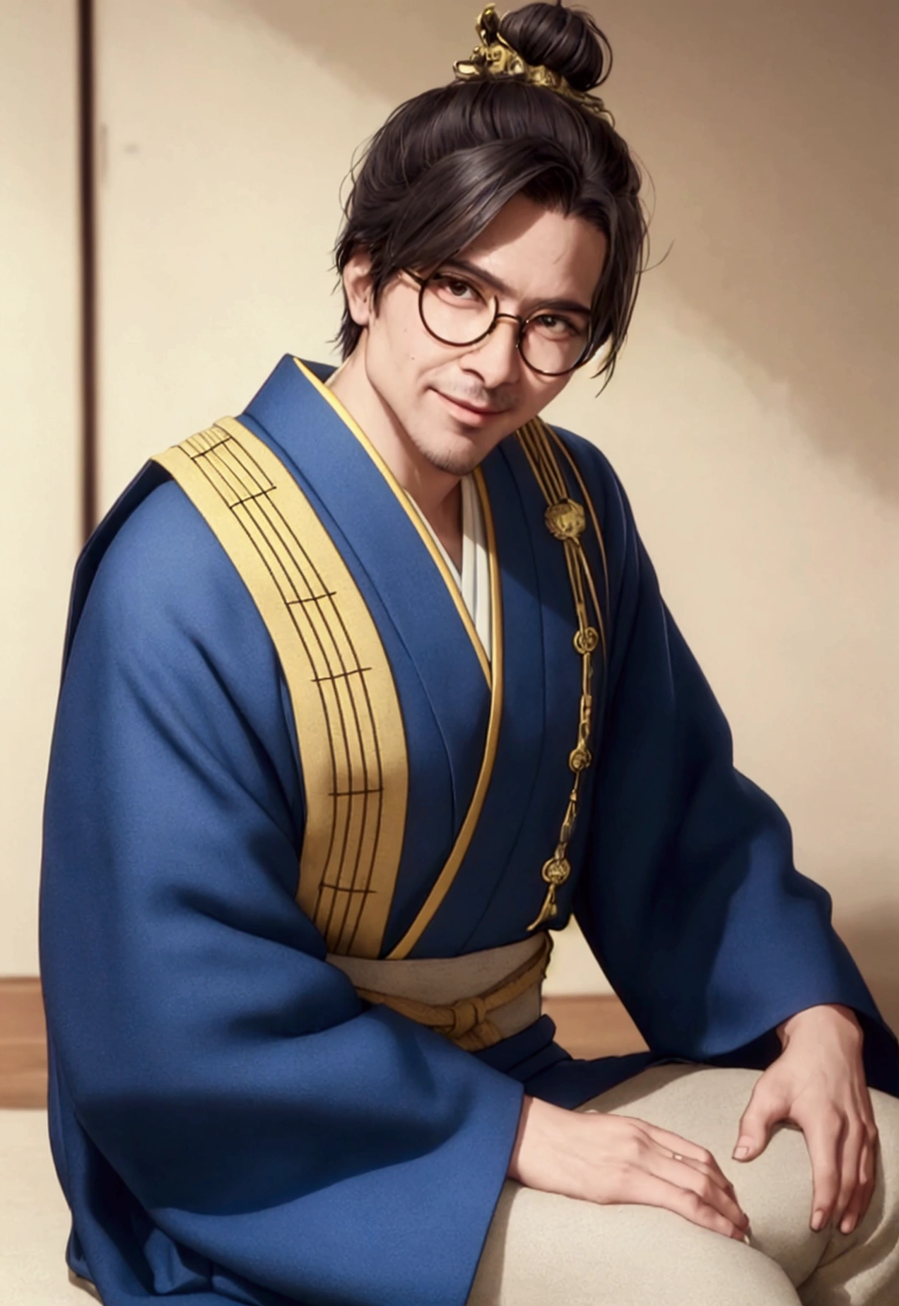 ((best qualityer)), ((work of art)), (detailded) kor: 38 years old Appearance: man hair: gris, long and tied into a traditional bun, with some loose threads. muka: slightly wrinkled, with an arrogant expression. eyeballs: brown, with an obvious scar on the right eye. tenue: Japanese traditional kimono, dark blue with gold details. Accessories: Wear a pair of round glasses. stance: sitting down, haughty, smiling in greed