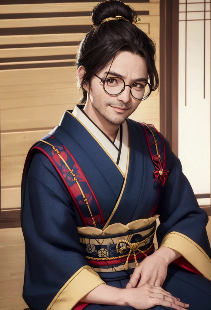 ((best qualityer)), ((work of art)), (detailded) kor: 38 years old Appearance: man hair: gris, long and tied into a traditional bun, with some loose threads. muka: slightly wrinkled, with an arrogant expression. eyeballs: brown, with an obvious scar on the right eye. tenue: Japanese traditional kimono, dark blue with gold details. Accessories: Wear a pair of round glasses. stance: sitting down, haughty, smiling in greed