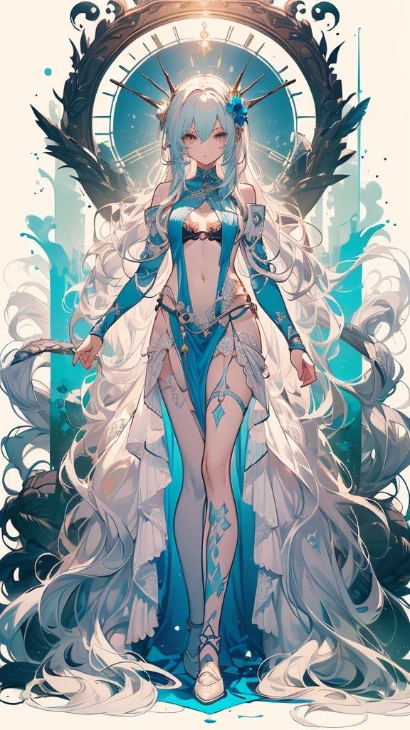 ((masterpiece, best quality)), Delicate face，Snake Woman，Full body painting，Perfect body proportions，Long legs，((Long wavy hair)), ((Half of her hair is white，The other half is cyan，Available in two colors))，beautiful eyes，Fantasy style，White background，transparent，Sexy bikini，Lace，Garter