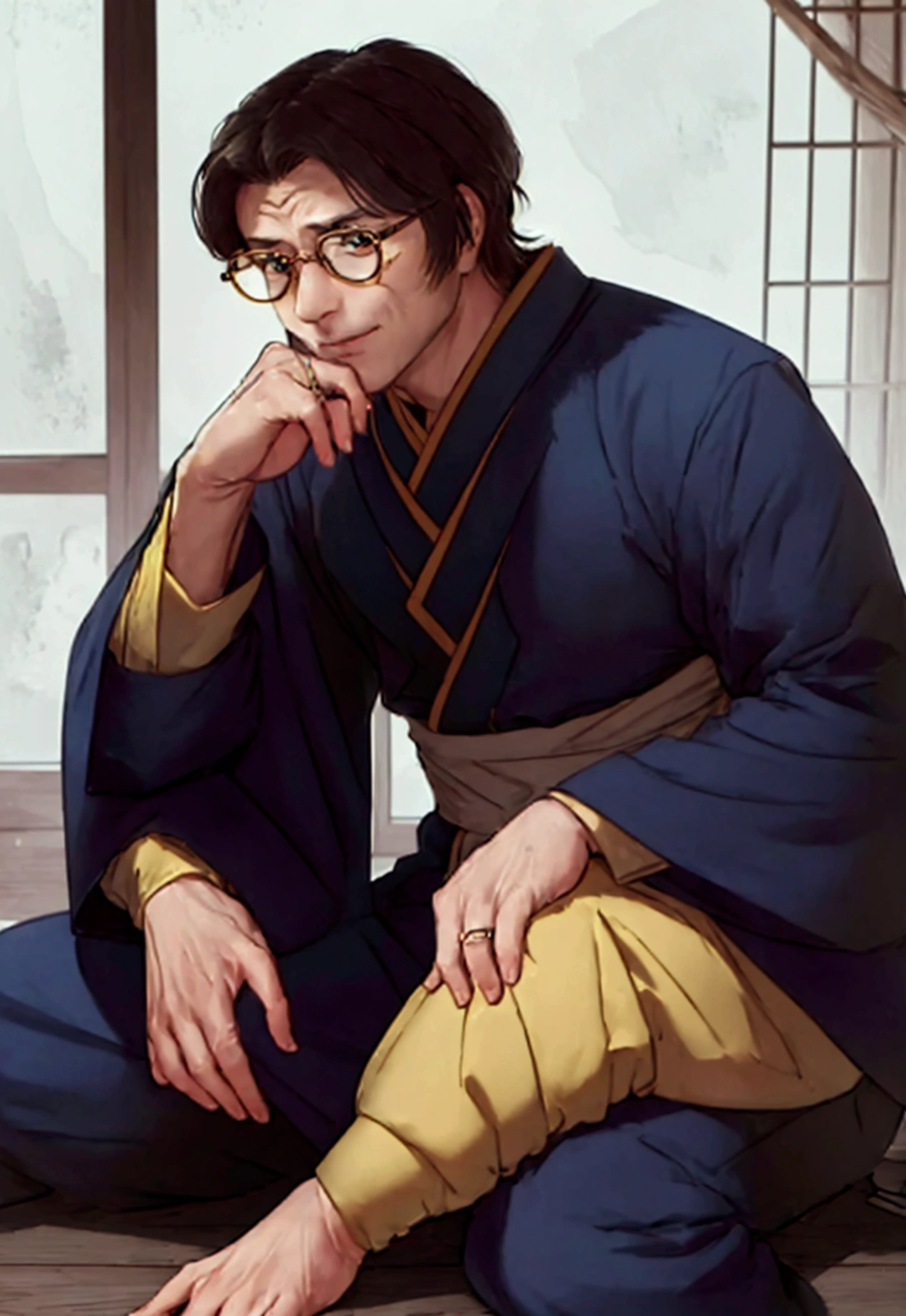 ((best qualityer)), ((work of art)), (detailded) kor: 38 years old Appearance: man hair: gris, long and tied into a traditional bun, with some loose threads. muka: slightly wrinkled, with an arrogant expression. eyeballs: brown, with an obvious scar on the right eye. tenue: Japanese traditional kimono, dark blue with gold details. Accessories: Wear a pair of round glasses. stance: sitting down, haughty, smiling in greed
