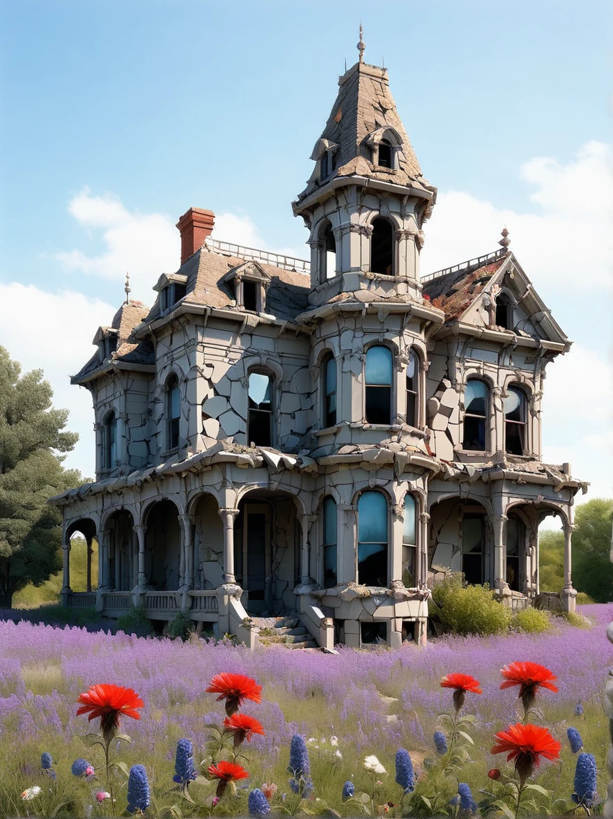 An abandoned Victorian mansion, with firecrackers scaling its ruined walls made of crazy rubble and wildflowers blooming through the cracks of&#39;an old paved path. The setting sun casts a golden hue on the scene, emphasizing the strange beauty of decadence and the relentless power of nature reclaiming human creations, (head of&#39;artwork:1.2), best quality, (hyperdétaillé, the most detailed:1.2), high resolution textures Info
