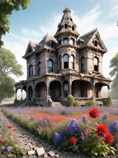 an abandoned victorian mansion, with firecrackers scaling its ruined walls made of crazy rubble and wildflowers blooming through...