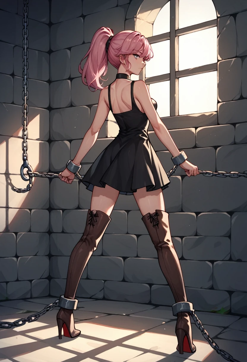 score_9, score_8_up, score_7_up, score_6_up, score_5_up, score_4_up, source_anime, 1girl, worth, pink hair, ponytail, white eyes, w-w-chain, shackles, shackle your hands, black dress, skirt, brown thigh high boots, heels, dungeon, best quality, best res, 4K UHD, details, 
 