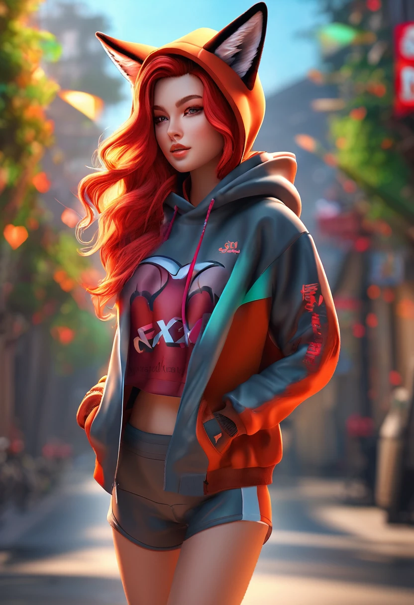 (Highest quality, Masterpiece 1.2), One girl, alone, Humanity, Cali 3D, Fexa, Redhead, Red body, Fox Ears, cropped hoodie, jogging shorts, jogging, sexy, detailed, Attention to detail, Perfect lighting, 4K, Ultra-fine painting, Vibrant colors, Inviting pose, Kind Face, tooth, Fox&#39;s Tail, Beautiful art, atmosphere of confidence, Beautiful art, freckles, Subtle lip gloss, 