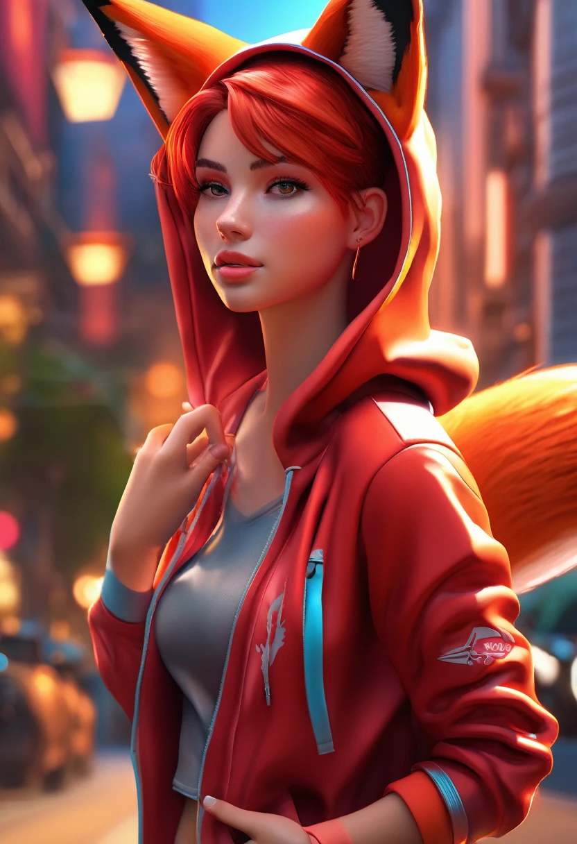 (Highest quality, Masterpiece 1.2), One girl, alone, Humanity, Cali 3D, Fexa, Redhead, Red body, Fox Ears, cropped hoodie, jogging shorts, jogging, sexy, detailed, Attention to detail, Perfect lighting, 4K, Ultra-fine painting, Vibrant colors, Inviting pose, Kind Face, tooth, Fox&#39;s Tail, Beautiful art, atmosphere of confidence, Beautiful art, freckles, Subtle lip gloss, 