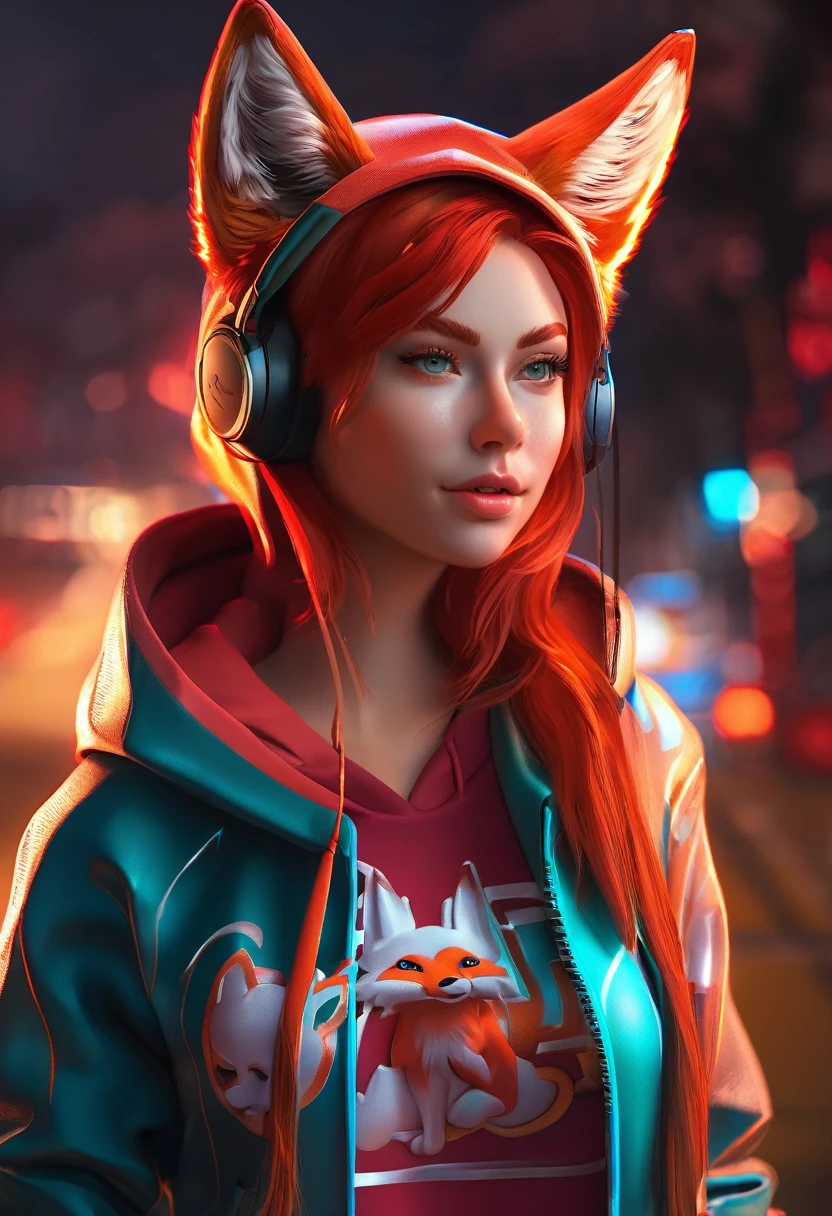 (Highest quality, Masterpiece 1.2), One girl, alone, Humanity, Cali 3D, Fexa, Redhead, Red body, Fox Ears, cropped hoodie, jogging shorts, jogging, sexy, detailed, Attention to detail, Perfect lighting, 4K, Ultra-fine painting, Vibrant colors, Inviting pose, Kind Face, tooth, Fox&#39;s Tail, Beautiful art, atmosphere of confidence, Beautiful art, freckles, Subtle lip gloss, 