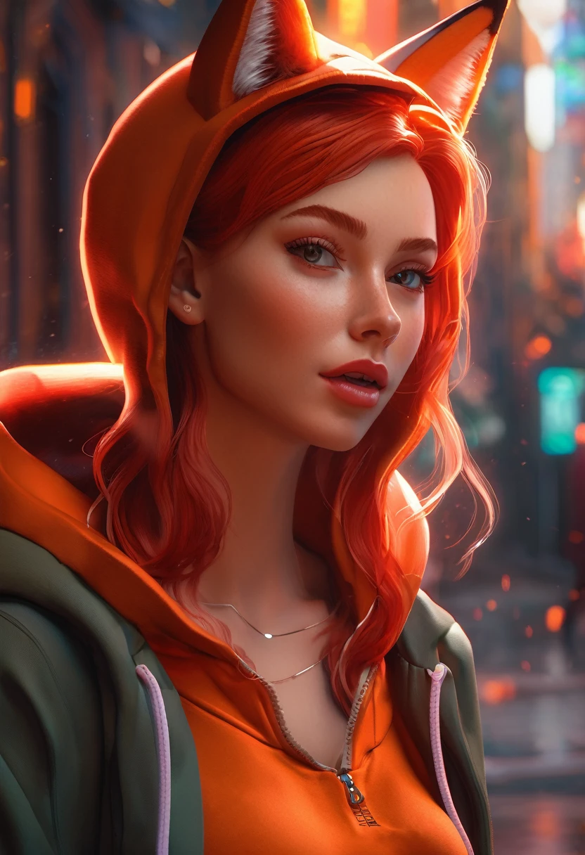 (Highest quality, Masterpiece 1.2), One girl, alone, Humanity, Cali 3D, Fexa, Redhead, Red body, Fox Ears, cropped hoodie, jogging shorts, jogging, sexy, detailed, Attention to detail, Perfect lighting, 4K, Ultra-fine painting, Vibrant colors, Inviting pose, Kind Face, tooth, Fox&#39;s Tail, Beautiful art, atmosphere of confidence, Beautiful art, freckles, Subtle lip gloss, 