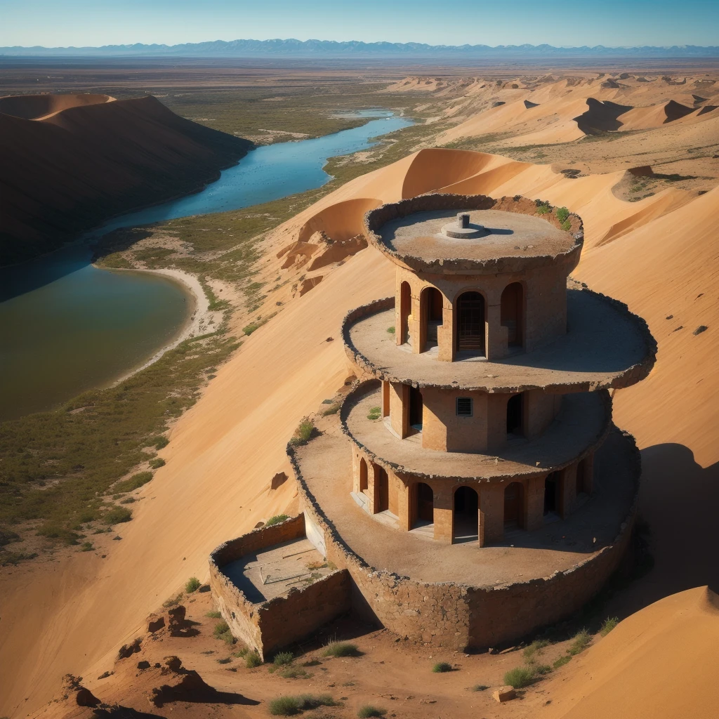 alto,Torre de vigia militar feita de concreto escuro.,em um deserto