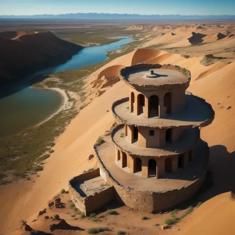 high,Military watchtower made of dark concrete.,in a desert